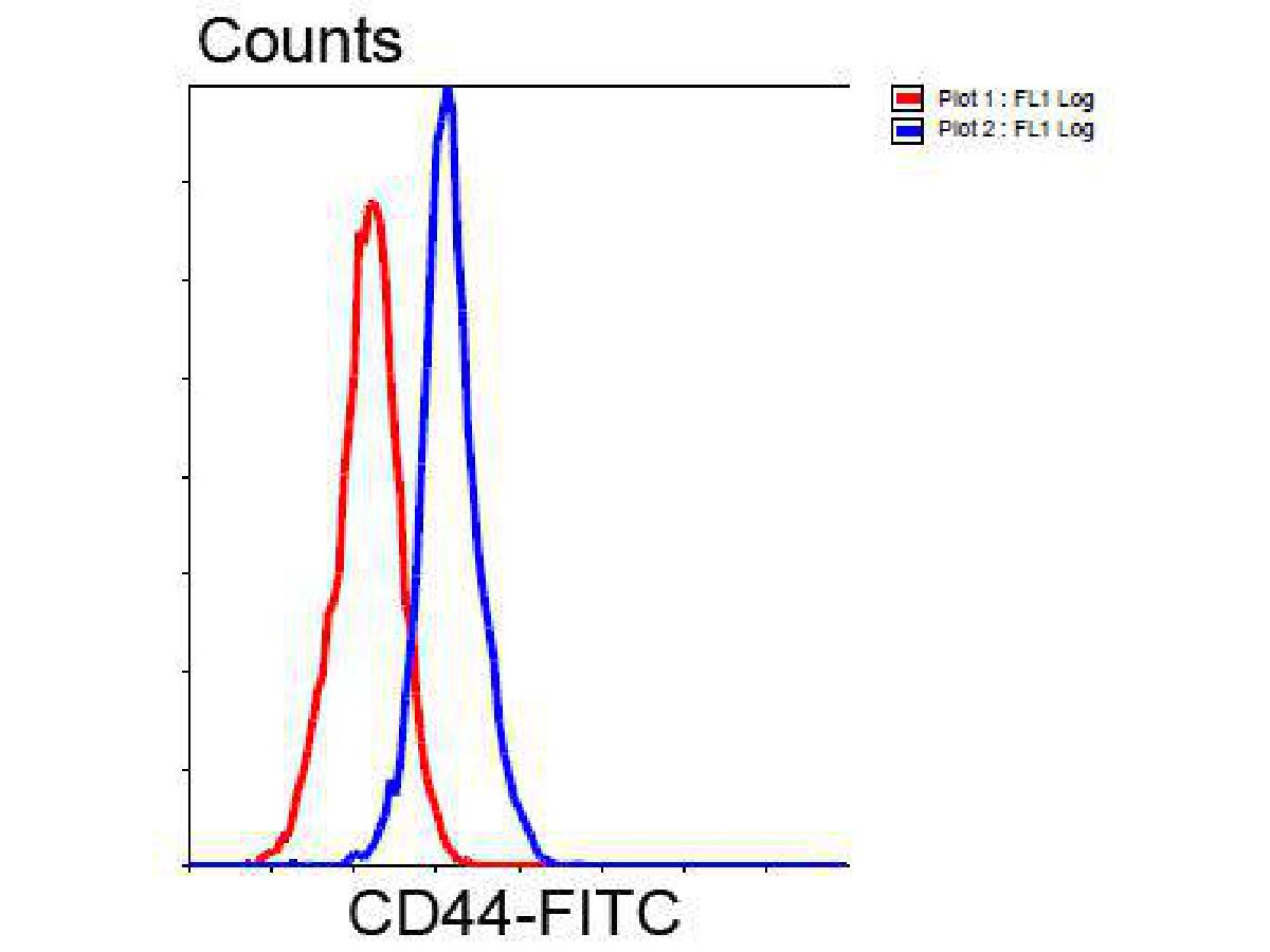 Flow cytometric analysis of Hela cells with CD44 antibody at 1/100 dilution (blue) compared with an unlabelled control (cells without incubation with primary antibody; red). Goat anti mouse IgG (FITC) was used as the secondary antibody.