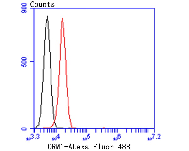 Flow cytometric analysis of HepG2 cells with ORM1 antibody at 1/100 dilution (red) compared with an unlabelled control (cells without incubation with primary antibody; black). Alexa Fluor 488-conjugated goat anti-Mouse IgG was used as the secondary antibody.