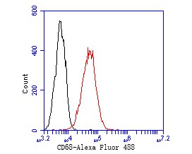 Flow cytometric analysis of CD68 was done on THP-1 cells. The cells were fixed, permeabilized and stained with the primary antibody (EM1901-95, 1/50) (red). After incubation of the primary antibody at room temperature for an hour, the cells were stained with a Alexa Fluor 488-conjugated Goat anti-Mouse IgG Secondary antibody at 1/1000 dilution for 30 minutes.Unlabelled sample was used as a control (cells without incubation with primary antibody; black).