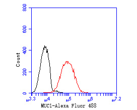 Flow cytometric analysis of MUC1 was done on MCF-7 cells. The cells were fixed, permeabilized and stained with the primary antibody (EM1902-32, 1/50) (red). After incubation of the primary antibody at room temperature for an hour, the cells were stained with a Alexa Fluor 488-conjugated Goat anti-Mouse IgG Secondary antibody at 1/1000 dilution for 30 minutes.Unlabelled sample was used as a control (cells without incubation with primary antibody; black).