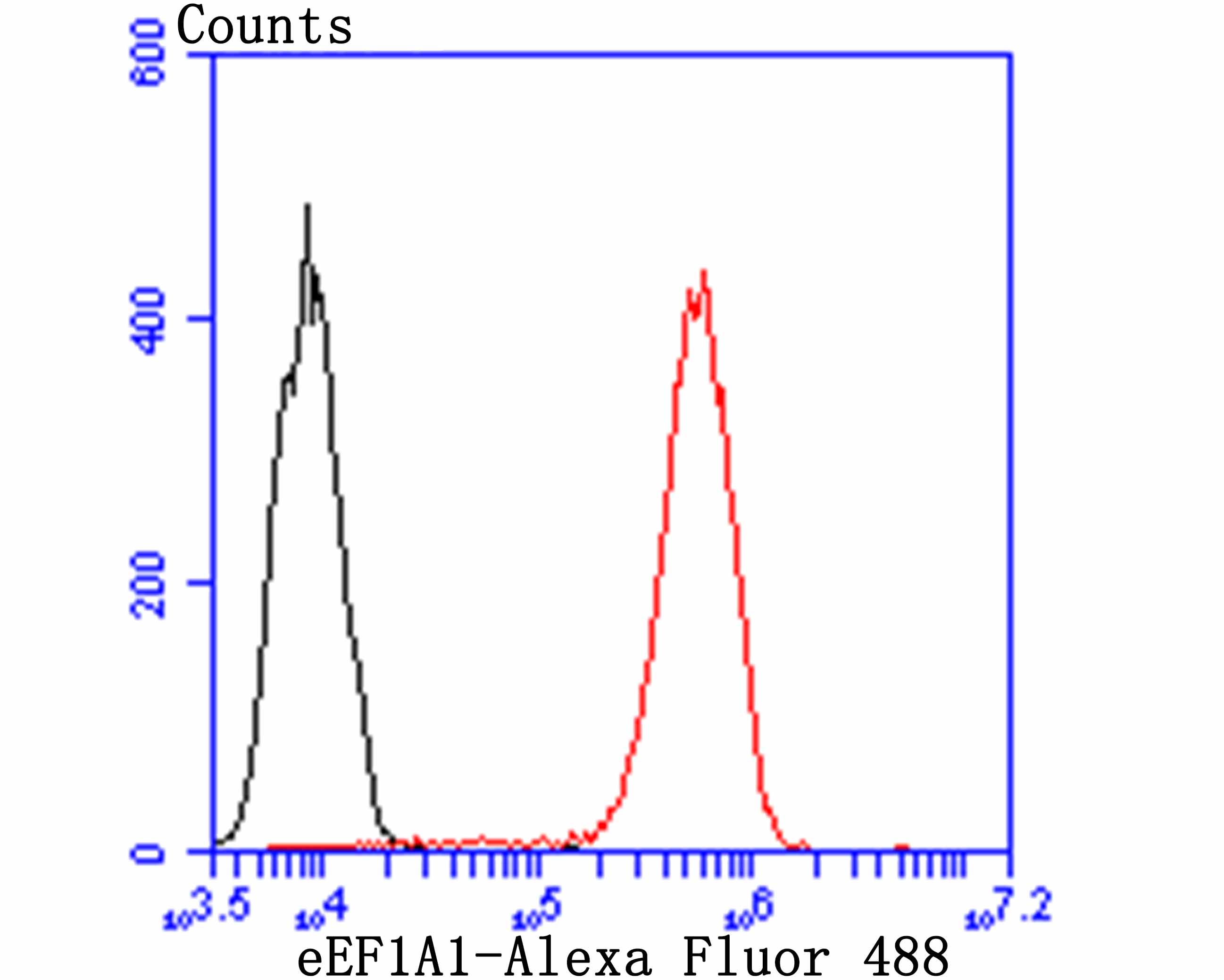 Flow cytometric analysis of eEF1A1 was done on THP-1 cells. The cells were fixed, permeabilized and stained with the primary antibody (ET7107-75, 1/50) (red). After incubation of the primary antibody at room temperature for an hour, the cells were stained with a Alexa Fluor 488-conjugated Goat anti-Rabbit IgG Secondary antibody at 1/1000 dilution for 30 minutes.Unlabelled sample was used as a control (cells without incubation with primary antibody; black).