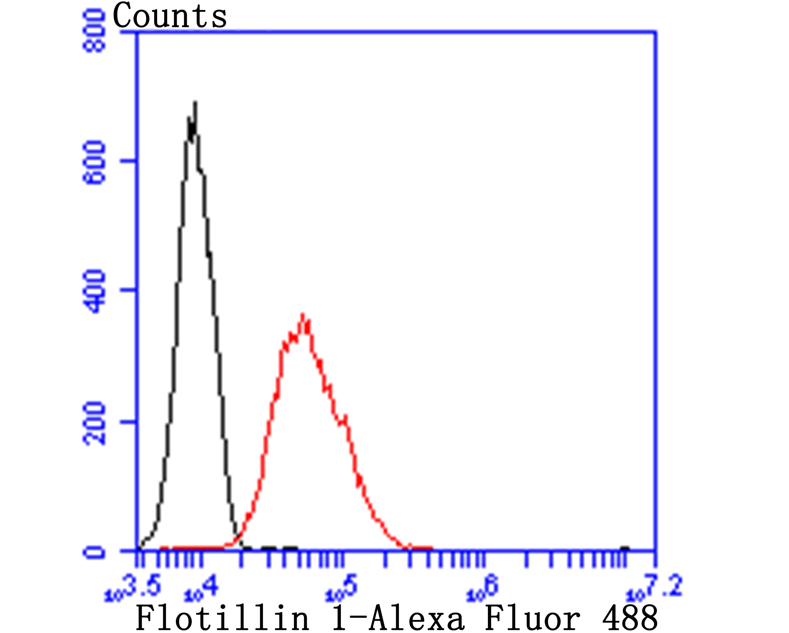 Flow cytometric analysis of HUVEC cells with Flotillin 1 antibody at 1/100 dilution (red) compared with an unlabelled control (cells without incubation with primary antibody; black). Alexa Fluor 488-conjugated goat anti-rabbit IgG was used as the secondary antibody.