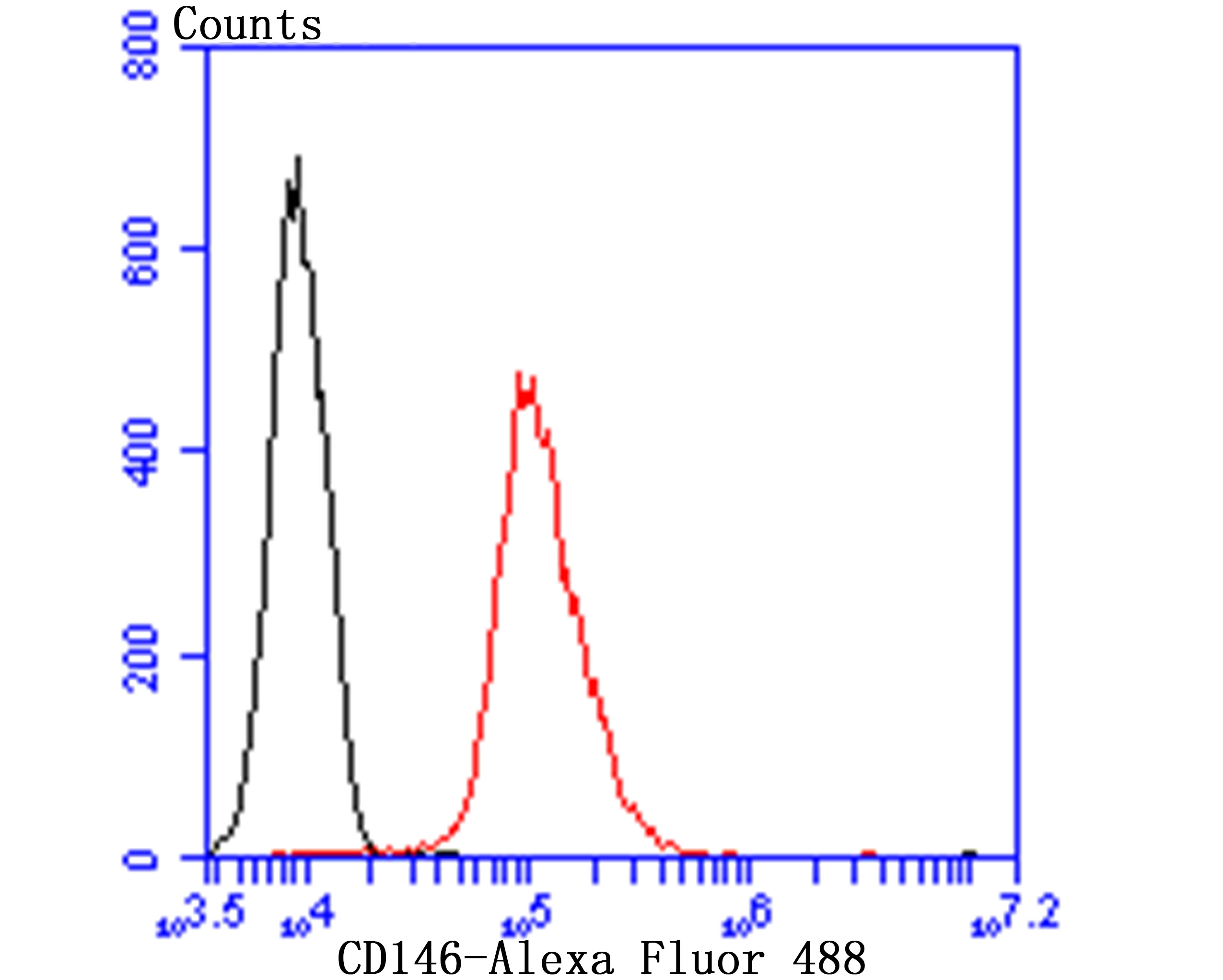 Flow cytometric analysis of CD146 was done on HUVEC cells. The cells were fixed, permeabilized and stained with the primary antibody (ET7107-91, 1/50) (red). After incubation of the primary antibody at room temperature for an hour, the cells were stained with a Alexa Fluor®488 conjugate-Goat anti-Rabbit IgG Secondary antibody at 1/1000 dilution for 30 minutes.Unlabelled sample was used as a control (cells without incubation with primary antibody; black).
