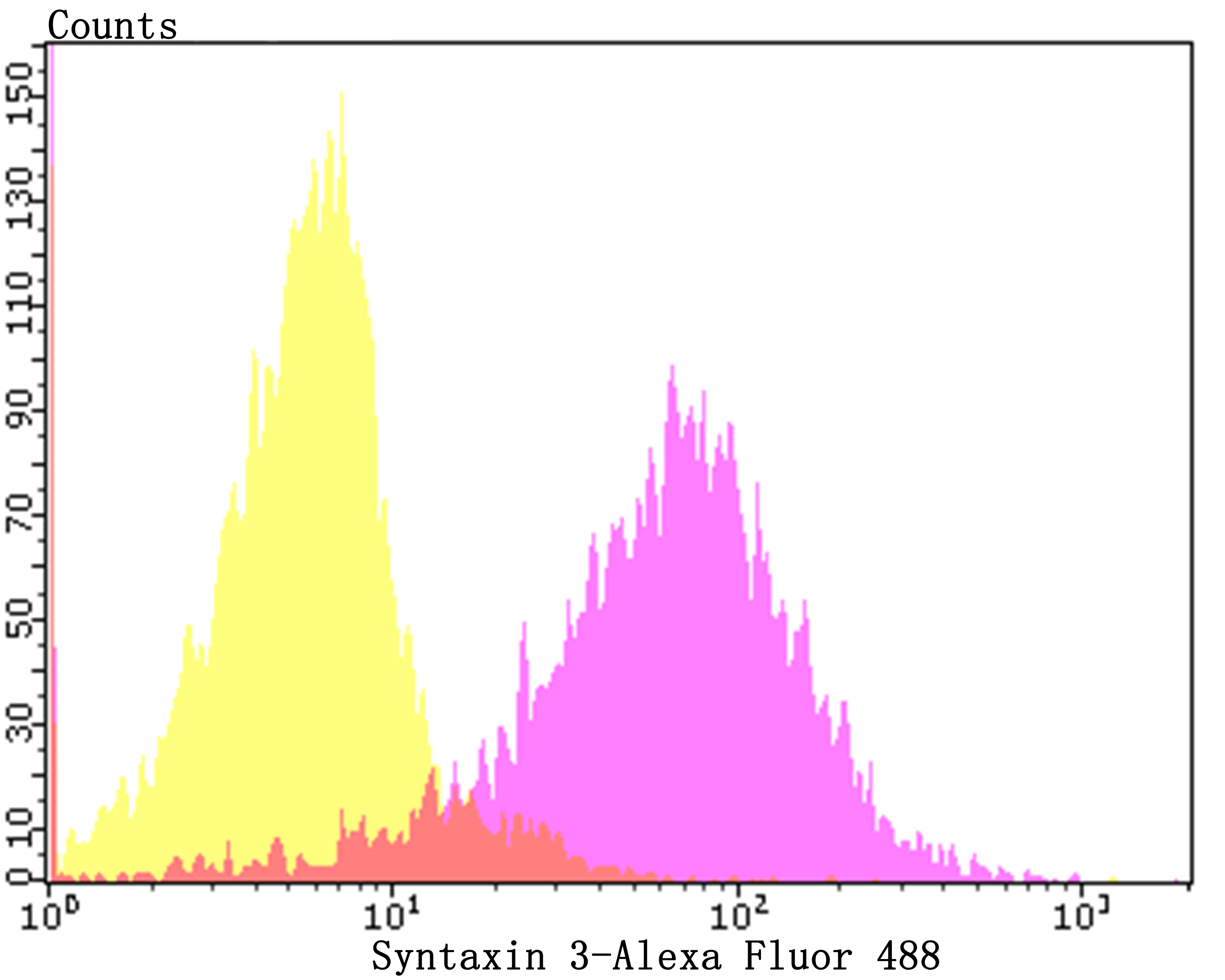 Flow cytometric analysis of 293T cells with Syntaxin 3 antibody at 1/100 dilution (purple) compared with an unlabelled control (cells without incubation with primary antibody; yellow).  Alexa Fluor 488-conjugated goat anti-rabbit IgG was used as the secondary antibody.
