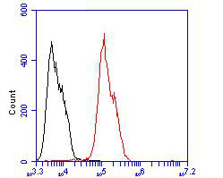 Flow cytometric analysis of ICAD was done on HCT116 cells. The cells were fixed, permeabilized and stained with the primary antibody (ET7109-91, 1/100) (red). After incubation of the primary antibody at room temperature for an hour, the cells were stained with a Alexa Fluor 488-conjugated goat anti-rabbit IgG Secondary antibody at 1/500 dilution for 30 minutes.Unlabelled sample was used as a control (cells without incubation with primary antibody; blcak).