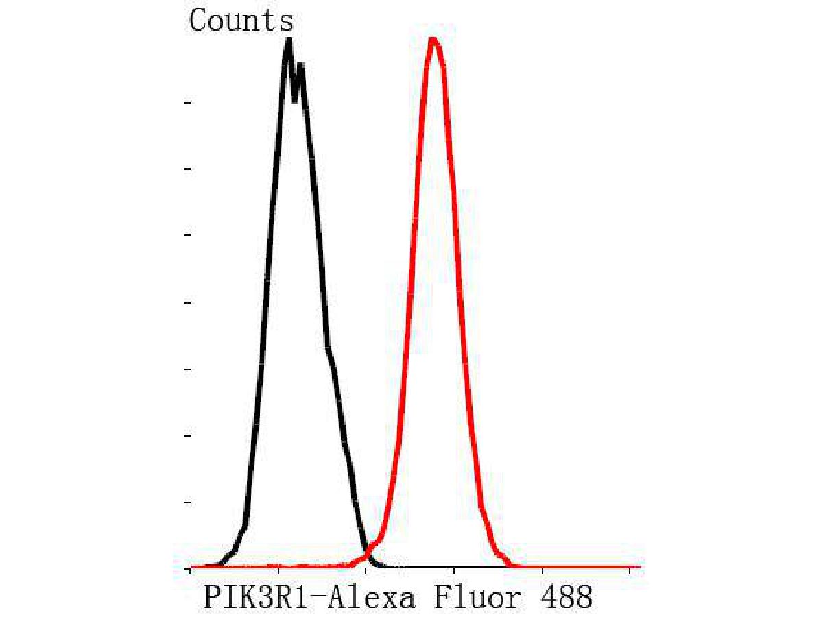 Flow cytometric analysis of MCF-7 cells with PI3-kinase p85 subunit alpha antibody at 1/100 dilution (red) compared with an unlabelled control (cells without incubation with primary antibody; black). Alexa Fluor 488-conjugated Goat anti mouse IgG was used as the secondary antibody.