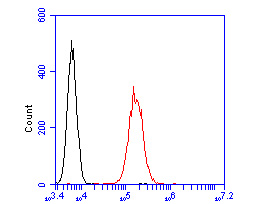 Flow cytometric analysis of GADD34 was done on K562 cells. The cells were fixed, permeabilized and stained with the primary antibody (ER2001-56, 1/50) (red). After incubation of the primary antibody at room temperature for an hour, the cells were stained with a Alexa Fluor 488-conjugated Goat anti-Rabbit IgG Secondary antibody at 1/1000 dilution for 30 minutes.Unlabelled sample was used as a control (cells without incubation with primary antibody; black).