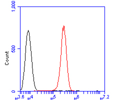 Flow cytometric analysis of p50 dynamitin was done on SHSY5Y cells. The cells were fixed, permeabilized and stained with the primary antibody (HA500029, 1/50) (red). After incubation of the primary antibody at room temperature for an hour, the cells were stained with a Alexa Fluor 488-conjugated Goat anti-Rabbit IgG Secondary antibody at 1/1000 dilution for 30 minutes.Unlabelled sample was used as a control (cells without incubation with primary antibody; black).