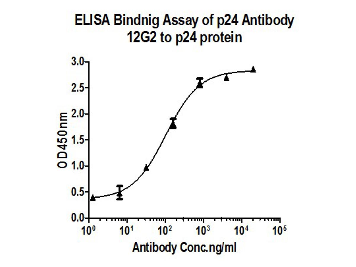 The binding activity of HA600009 with HIV1 p24 protein.<br />
Immobilized HIV1 p24 protein at 1 μg/ml overnight at 4℃. Then blocked with 1% BSA for 1 hour at 37℃, and incubated with the primary antibody (HA600009) for 1 hour at 25℃. The EC50 of HA600009 is 105 ng/ml.
