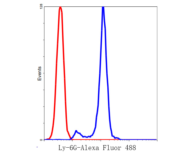 Flow cytometric analysis of Ly-6G was done on Hela cells. The cells were fixed, permeabilized and stained with the primary antibody (0809-11, 1/50) (blue). After incubation of the primary antibody at room temperature for an hour, the cells were stained with a Alexa Fluor 488-conjugated Goat anti-Rabbit IgG Secondary antibody at 1/1000 dilution for 30 minutes.Unlabelled sample was used as a control (cells without incubation with primary antibody; red).