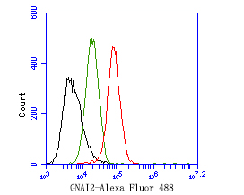 Flow cytometric analysis of GNAI2 was done on MCF-7 cells. The cells were fixed, permeabilized and stained with the primary antibody (HA500293, 1ug/ml) (red) compared with Rabbit IgG, monoclonal  - Isotype Control (green). After incubation of the primary antibody at +4℃ for 1 hour, the cells were stained with a Alexa Fluor®488 conjugate-Goat anti-Rabbit IgG Secondary antibody at 1/1,000 dilution for 30 minutes at +4℃ (dark incubation).Unlabelled sample was used as a control (cells without incubation with primary antibody; black).