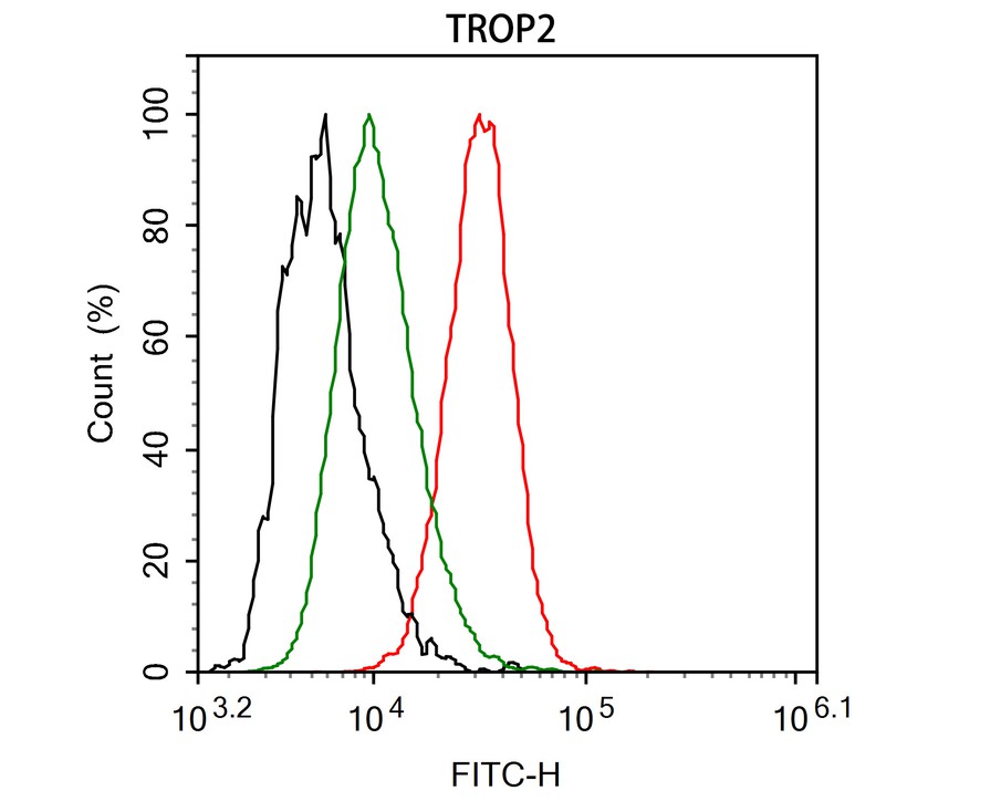 Flow cytometric analysis of TROP2 was done on MDA-MB-468 cells. The cells were fixed, permeabilized and stained with the primary antibody (HA600069, 1ug/ml) (red) compared with Mouse IgG, monoclonal  - Isotype Control ( green). After incubation of the primary antibody at room temperature for an hour, the cells were stained with a Alexa Fluor®488 conjugate-Goat anti-Mouse IgG Secondary antibody at 1/1000 dilution for 30 minutes.Unlabelled sample was used as a control (cells without incubation with primary antibody; black).