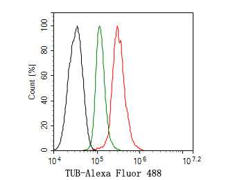 Flow cytometric analysis of TUB was done on SH-SY5Y cells. The cells were fixed, permeabilized and stained with the primary antibody (HA720035, 1ug/ml) (red) compared with Rabbit IgG, monoclonal  - Isotype Control (green). After incubation of the primary antibody at +4℃ for 1 hour, the cells were stained with a Alexa Fluor®488 conjugate-Goat anti-Rabbit IgG Secondary antibody at 1/1,000 dilution for 30 minutes at +4℃ (dark incubation).Unlabelled sample was used as a control (cells without incubation with primary antibody; black).