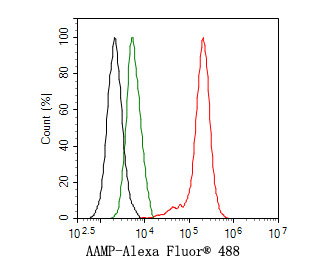Flow cytometric analysis of HepG2 cells labeling AAMP.<br />
<br />
Cells were fixed and permeabilized. Then stained with the primary antibody (HA721054, 1ug/ml) (red) compared with Rabbit IgG Isotype Control (green). After incubation of the primary antibody at +4℃ for an hour, the cells were stained with a Alexa Fluor® 488 conjugate-Goat anti-Rabbit IgG Secondary antibody at 1/1,000 dilution for 30 minutes at +4℃. Unlabelled sample was used as a control (cells without incubation with primary antibody; black).