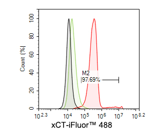 Flow cytometric analysis of A549 cells labeling xCT.<br />
<br />
Cells were washed twice with cold PBS and resuspend. Then stained with the primary antibody (HA600097, 10ug/ml) (red) compared with Mouse IgG1 Isotype Control (green). After incubation of the primary antibody at +4℃ for 30 minutes, the cells were stained with a iFluor™ 488 conjugate-Goat anti-Mouse IgG Secondary antibody (HA1125) at 1/1,000 dilution for 30 minutes at +4℃. Unlabelled sample was used as a control (cells without incubation with primary antibody; black).