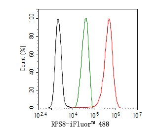 Flow cytometric analysis of THP-1 cells labeling RPS8.<br />
<br />
Cells were fixed and permeabilized. Then stained with the primary antibody (HA721105, 1ug/ml) (red) compared with Rabbit IgG Isotype Control (green). After incubation of the primary antibody at +4℃ for an hour, the cells were stained with a iFluor™ 488 conjugate-Goat anti-Rabbit IgG Secondary antibody (HA1121) at 1/1,000 dilution for 30 minutes at +4℃. Unlabelled sample was used as a control (cells without incubation with primary antibody; black).