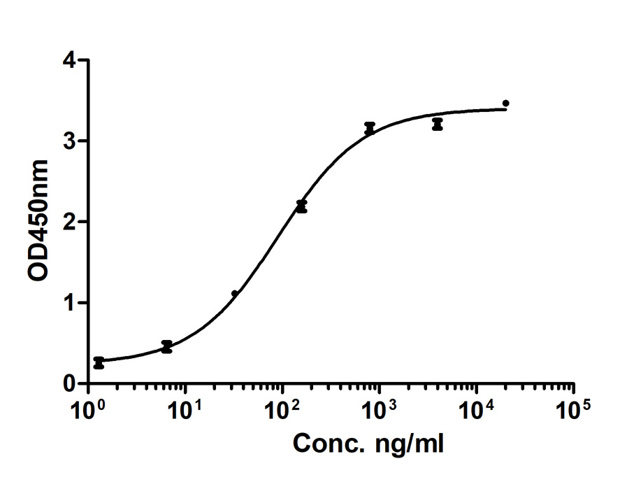 IL-2 Antibody (HA601015) in direct ELISA.<br />
<br />
Direct ELISA analysis of IL-2 was performed by coating wells of a 96-well plate with 50 µl per well of IL-2 antigen diluted in carbonate/bicarbonate buffer, at a concentration of 1 µg/mL overnight at 4℃. Wells of the plate were washed, blocked with StartingBlock blocking buffer, and incubated with 50 µl per well of a mouse IL-2 monoclonal antibody starting at a concentration of 20 µg/mL and serially diluting it to a concentration of 1.28 ng/mL for 2 hours at room temperature. The plate was washed and incubated with 50 µl per well of an HRP-conjugated goat anti-mouse IgG secondary antibody at a dilution of 1:10,000 for one hour at room temperature. Detection was performed using an Ultra TMB Substrate for 5 minutes at room temperature in the dark. The reaction was stopped with sulfuric acid and absorbances were read on a spectrophotometer at 450 nm.