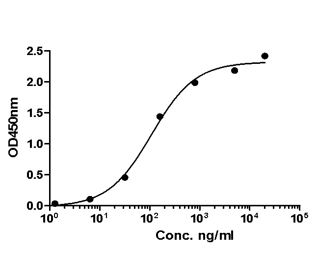 DM1 Antibody (HA601043) in direct ELISA.<br />
<br />
Direct ELISA analysis of DM1 was performed by coating wells of a 96-well plate with 50 µl per well of DM1 antigen diluted in carbonate/bicarbonate buffer, at a concentration of 1 µg/mL overnight at 4℃. Wells of the plate were washed, blocked with StartingBlock blocking buffer, and incubated with 50 µl per well of a mouse DM1 monoclonal antibody starting at a concentration of 20 µg/mL and serially diluting it to a concentration of 1.28 ng/mL for 2 hours at room temperature. The plate was washed and incubated with 50 µl per well of an HRP-conjugated goat anti-mouse IgG secondary antibody at a dilution of 1:10,000 for one hour at room temperature. Detection was performed using an Ultra TMB Substrate for 5 minutes at room temperature in the dark. The reaction was stopped with sulfuric acid and absorbances were read on a spectrophotometer at 450 nm.