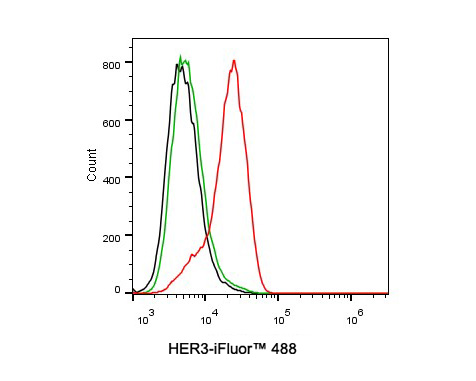Flow cytometric analysis of SK-Br-3 cells labeling HER3.<br />
<br />
Cells were washed twice with cold PBS and resuspend. Then stained with the primary antibody (HA721135, 1ug/ml) (red) compared with Rabbit IgG Isotype Control (green). After incubation of the primary antibody at +4℃ for an hour, the cells were stained with a iFluor™ 488 conjugate-Goat anti-Rabbit IgG Secondary antibody (HA1121) at 1/1,000 dilution for 30 minutes at +4℃. Unlabelled sample was used as a control (cells without incubation with primary antibody; black).