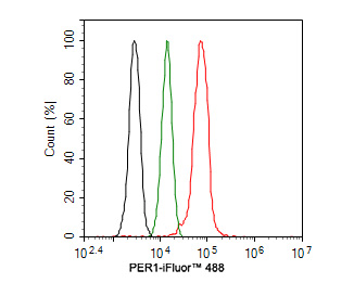 Flow cytometric analysis of Hela cells labeling PER1.<br />
<br />
Cells were fixed and permeabilized. Then stained with the primary antibody (HA500097, 1ug/ml) (red) compared with Rabbit IgG Isotype Control (green). After incubation of the primary antibody at +4℃ for an hour, the cells were stained with a iFluor™ 488 conjugate-Goat anti-Rabbit IgG Secondary antibody (HA1121) at 1/1,000 dilution for 30 minutes at +4℃. Unlabelled sample was used as a control (cells without incubation with primary antibody; black).