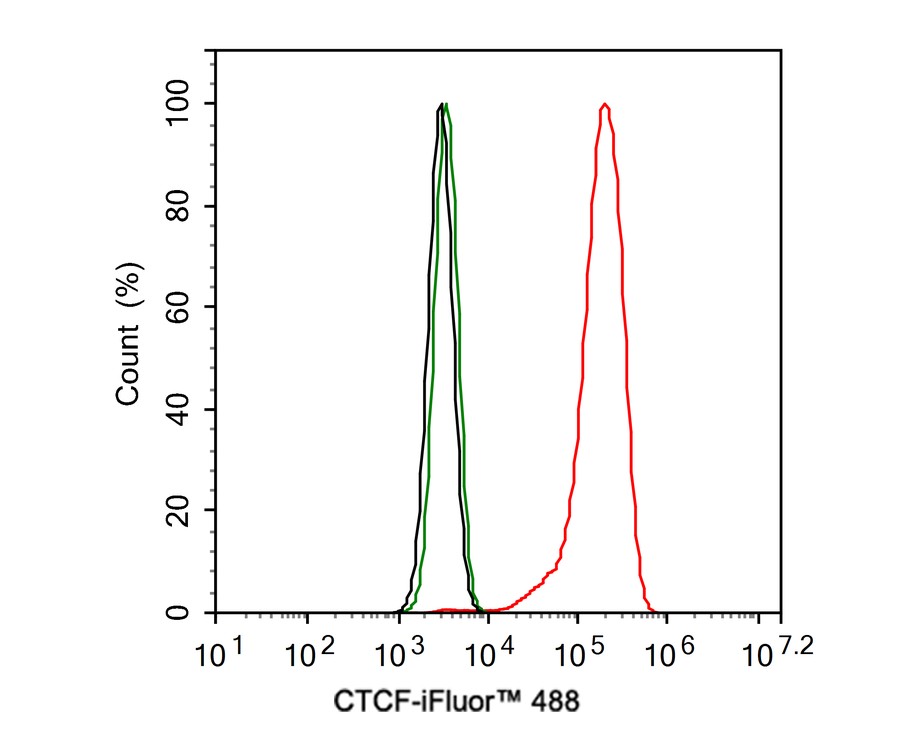Flow cytometric analysis of CTCF was done on 293T cells. The cells were fixed, permeabilized and stained with the primary antibody (ET1703-90, 1/50) (red). After incubation of the primary antibody at room temperature for an hour, the cells were stained with a Alexa Fluor 488-conjugated Goat anti-Rabbit IgG Secondary antibody at 1/1000 dilution for 30 minutes.Unlabelled sample was used as a control (cells without incubation with primary antibody; black).