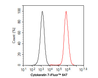 Flow cytometric analysis of SK-Br-3 cells labeling Cytokeratin 7.<br />
<br />
Cells were fixed and permeabilized. Then incubated for 1 hour at +4℃ with Cytokeratin 7 (HA720144F, red, 1ug/ml). Unlabelled sample was used as a control (cells without incubation with primary antibody; black).