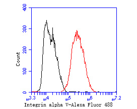 Flow cytometric analysis of Integrin alpha V was done on MCF-7 cells. The cells were fixed, permeabilized and stained with the primary antibody (ET1610-15, 1/50) (red). After incubation of the primary antibody at room temperature for an hour, the cells were stained with a Alexa Fluor 488-conjugated Goat anti-Rabbit IgG Secondary antibody at 1/1000 dilution for 30 minutes.Unlabelled sample was used as a control (cells without incubation with primary antibody; black).