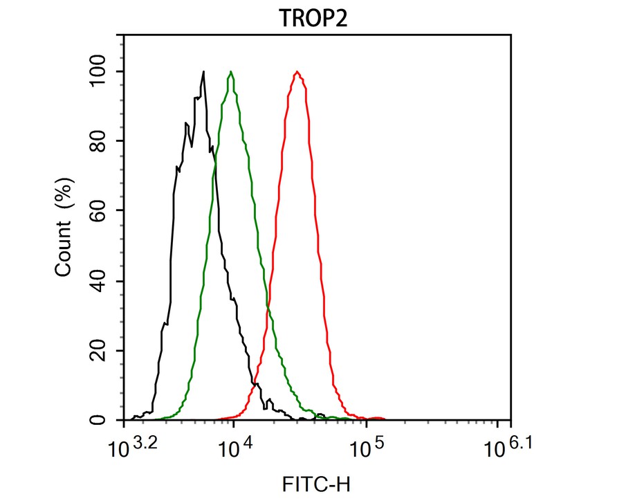 Flow cytometric analysis of TROP2 was done on MDA-MB-468 cells. The cells were fixed, permeabilized and stained with the primary antibody (HA600073, 1ug/ml) (red) compared with Mouse IgG, monoclonal  - Isotype Control ( green). After incubation of the primary antibody at room temperature for an hour, the cells were stained with a Alexa Fluor®488 conjugate-Goat anti-Mouse IgG Secondary antibody at 1/1000 dilution for 30 minutes.Unlabelled sample was used as a control (cells without incubation with primary antibody; black).